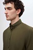 Slim Fit Haki Düğmeli Yaka %100 Pamuk Yazlık Flamlı Keten Görünümlü Gömlek 6HC02ORT63265