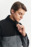 Erkek Siyah-Açık Melanj Anti-Pilling Tüylenme Yapmayan Standart Fit Dik Yaka Polar Sweatshirt