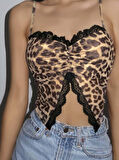 Kadın Leopar Desenli Crop Önden Dantel Detaylı 5095