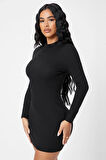 Kadın Siyah Kaşkorse Balıkçı Yaka Uzun Kollu Bodycon Mini Elbise