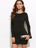 B101321 Sırt Dekolteli Uzun Kollu Mini Elbise