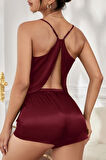 Kadın Bordo Asimetrik Sırt Dekolte Detaylı Şık Şortlu Gecelik Takım