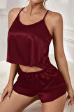Kadın Bordo Asimetrik Sırt Dekolte Detaylı Şık Şortlu Gecelik Takım