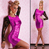 B101390 Dantel Kol Parlak Elbise