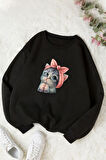 Uyguntarz Unisex Sevimli Kedi Baskılı Bisiklet Yaka Sweatshirt