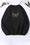 Uyguntarz Unisex Butterfly Baskılı Bisiklet Yaka Sweatshirt