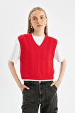 DeFacto Coool Slim Fit Dar Kesim Basic Düz V Yaka Kırmızı Triko Süveter D4680AX24AURD56