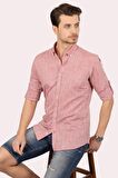 Açık Vişne Düğmeli Keten Slimfit   Gömlek