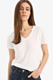 DeFacto x Afra Regular Fit V Yaka Basic Düz Kısa Kollu Tişört W9204AZ25SPER105