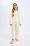 Kız Çocuk Regular Fit Fitilli Kaşkorse Baskılı Uzun Kollu Pijama Takımı