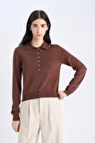 Regular Fit Polo Yaka Basic Düz Triko Kazak
