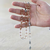 Kararmaz Metal Püsküllü Kişiye Özel İsim Yazılı Şeffaf Beyaz Ateş Kehribar Tesbih