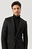 Erkek Siyah Slim Fit Dar Kesim Mono Yaka Siyah Takım Elbise