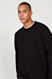 Erkek Siyah Oversize Bol Kesim 3 Iplik Bisiklet Yaka Pamuklu Sweatshirt