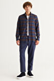Slim Fit Dar Kesim Düğmeli Yaka %100 Pamuk Ekose Desenli Flanel Oduncu Gömlek