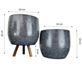 Ev Dekorasyon Aksesuar Gri Granit Toprak Saksı Saksılık Salon Çiçeklik İkili Set Ayaksız - 3 Ayaklı- 19 CM
