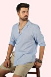 Mavi Keten Apaj Yaka Relax Fit Erkek Gömlek