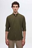 Slim Fit Haki Düğmeli Yaka %100 Pamuk Yazlık Flamlı Keten Görünümlü Gömlek 6HC02ORT63265