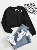 Kadın Basic Crop İçi Polarlı Oversize Sweatshirt - SİYAH