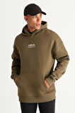 Erkek Haki Oversize Fit Bol Kesim Kapüşonlu Içi Polarlı 3 Iplik Pamuklu Sweatshirt