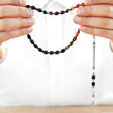 925 Ayar Gümüş Püsküllü Arpa Kesim Süzme Bala-Siyah Ateş Kehribar Tesbih