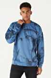Erkek Indigo Oversize Bol Kesim Bisiklet Yaka Modern Desenli Yumuşak Dokulu Sweatshirt
