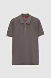 D'S Damat Regular Fit Antrasit Pike Dokulu %100 Pamuk Kıvrılmaz Polo Yaka Nakışlı T-Shirt 4HC14ORT51000