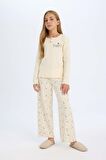 Kız Çocuk Regular Fit Fitilli Kaşkorse Baskılı Uzun Kollu Pijama Takımı