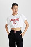 DeFactoFit Crop Bisiklet Yaka Baskılı Sporcu Kısa Kollu Tişört B8967AX24SMWT80