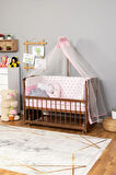 Ahşap Beşik Anne Yanı Beşik Ceviz 60x120 Pembe Yıldız Uyku Seti Yatak