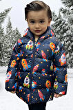 Erkek Çocuk Polarlı Kapüşonlu Roket Desenli Kışlık Şişme Mont & Kaban & Parka