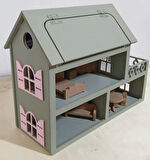 Boyalı ahşap çatısı açılır oyuncak barbie evi (aksesuarlı)