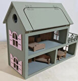 Boyalı ahşap çatısı açılır oyuncak barbie evi (aksesuarlı)