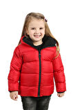 Kız Çocuk Kırmızı Polarlı Kapüşonlu Su Geçirmez Rüzgara Dayanıklı Şişme Kışlık Mont & Kaban