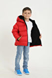 Erkek Çocuk Kırmızı Polarlı Kapüşonlu Su Geçirmez Rüzgara Dayanıklı Şişme Kışlık Mont