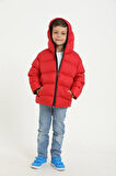 Erkek Çocuk Kırmızı Polarlı Kapüşonlu Su Geçirmez Rüzgara Dayanıklı Şişme Kışlık Mont