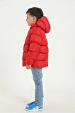 Erkek Çocuk Kırmızı Polarlı Kapüşonlu Su Geçirmez Rüzgara Dayanıklı Şişme Kışlık Mont