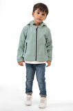 Erkek Çocuk Mint Yeşili Astarlı Su Ve Rüzgar Geçirmez Kapüşonlu Çift Fermuarlı Yağmurluk