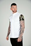 SikSilk S/S Grandad Collar Oxford Shirt - White & Gold