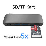 5in1 Usb-C Hub 3.0 Type-C Şarj Kart Okuyucu Type-C Adaptör (Gri)