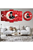 5 Parça Mdf Türk Bayrağı Atatürk Tablosu Ve Mdf Saat Kombin
