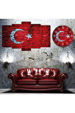 Zevahir 5 Parça Mdf Tuğla Desenli Türk Bayrağı Tablosu Ve Mdf Saat Kombin