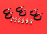 SİYAH 12 MM 3 ÇİFT HALKA VE 3 ÇİFT 5 MM TEK TAŞ KÜPE TOPLAM 6 ÇİFT KOMBİN KÜPE ÇOKLU KÜPE-KK171