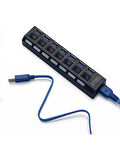 Alfalink 7 Port Adaptörlü Usb Hub Çoklayıcı USB 3.0 On Off Tuşlu