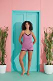Pijamoni İp Askılı Şortlu Pijama Takımı Puantiyeli Lila 2780