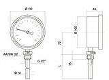 Pakkens Termometre 0-160 °C Çap 100 mm Daldırma Boyu 10 cm Alttan Bağlantılı G 1/2 inç