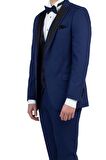 Desenli Armürlü Mono Yaka Astarlı Yelekli 6 Drop Slim Fit Dar Kesim Smokin Damatlık 1001190150 Lacivert