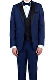 Desenli Armürlü Mono Yaka Astarlı Yelekli 6 Drop Slim Fit Dar Kesim Smokin Damatlık 1001190150 Lacivert