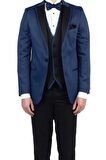 Saten Mono Yaka Astarlı Yelekli 6 Drop Slim Fit Dar Kesim Smokin Damatlık 1001190152 Lacivert