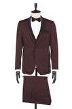 Desenli Armürlü Mono Yaka Astarlı Yelekli 6 Drop Slim Fit Dar Kesim Smokin Damatlık 1001190164 Bordo